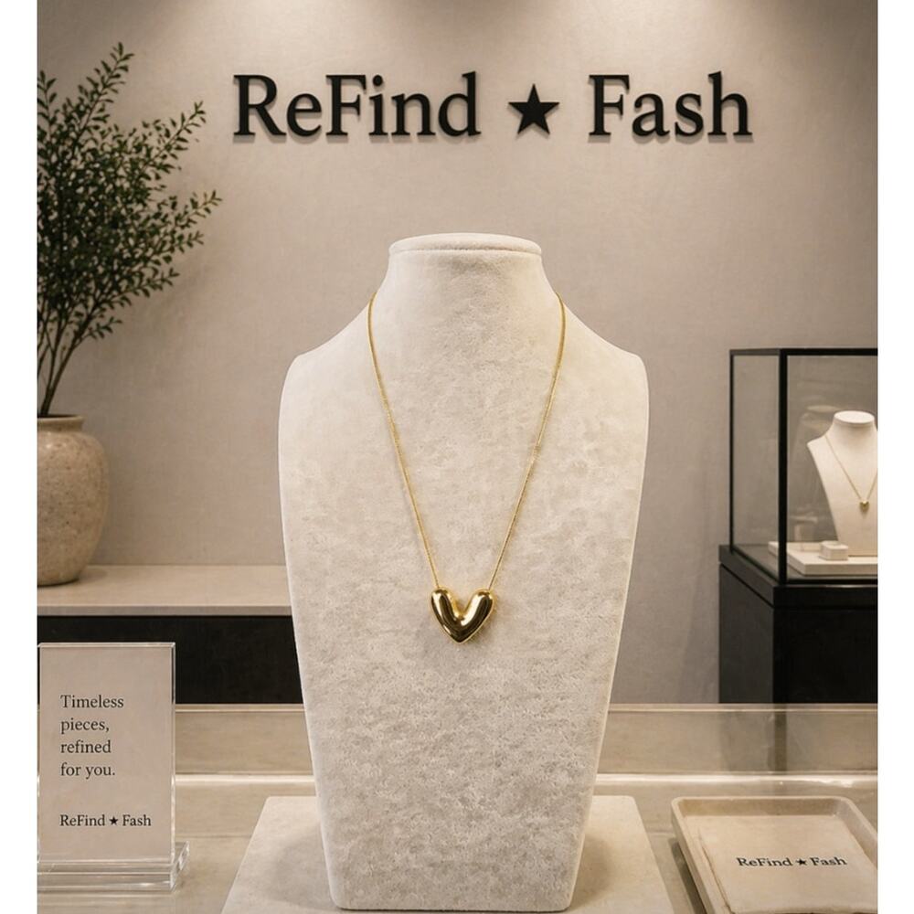 Stainless Steel Gold Puffy Heart Necklace New